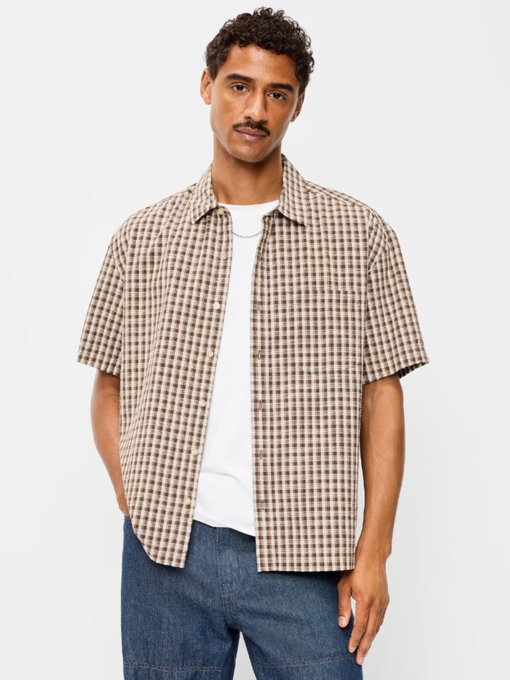 Old Navy Men's Loose Fit XXL Dark Walnut Plaid Textured Plaid Pocket Shirt